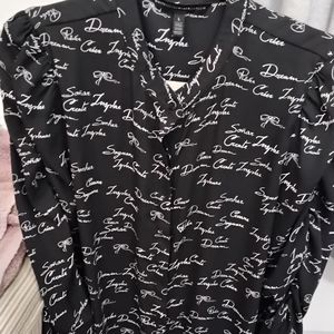 NEW WHBM BUTTON DOWN SHIRT WITH  ROUGED 3/4 SLEEVES . SIZE LARGE  .